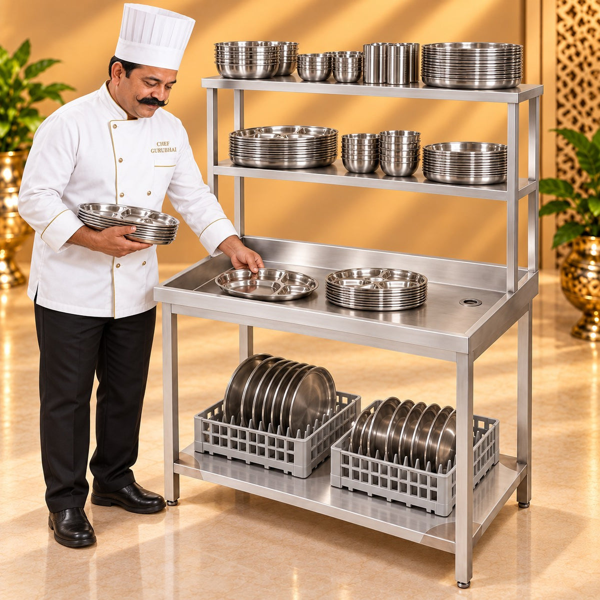 SS Dish Landing Table with Pickup – 42 × 24 × 24 + 18 + 12 in