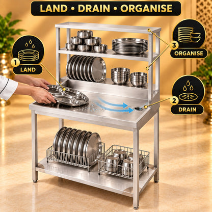 SS Dish Landing Table with Pickup – 42 × 24 × 24 + 18 + 12 in