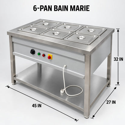 6 GN 1/2 Pan Electric Bain Marie – 45 × 27 × 32 in