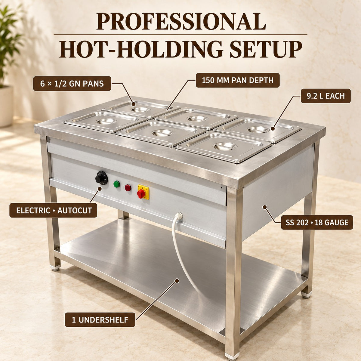 6 GN 1/2 Pan Electric Bain Marie – 45 × 27 × 32 in