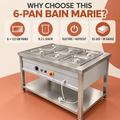 6 GN 1/2 Pan Electric Bain Marie – 45 × 27 × 32 in