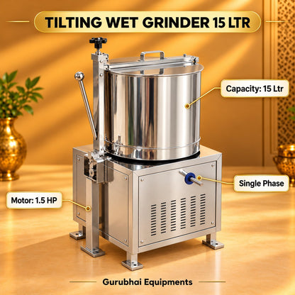 Gurubhai Equipments Tilting Wet Grinder 15 Ltr – Dimensions & Specifications