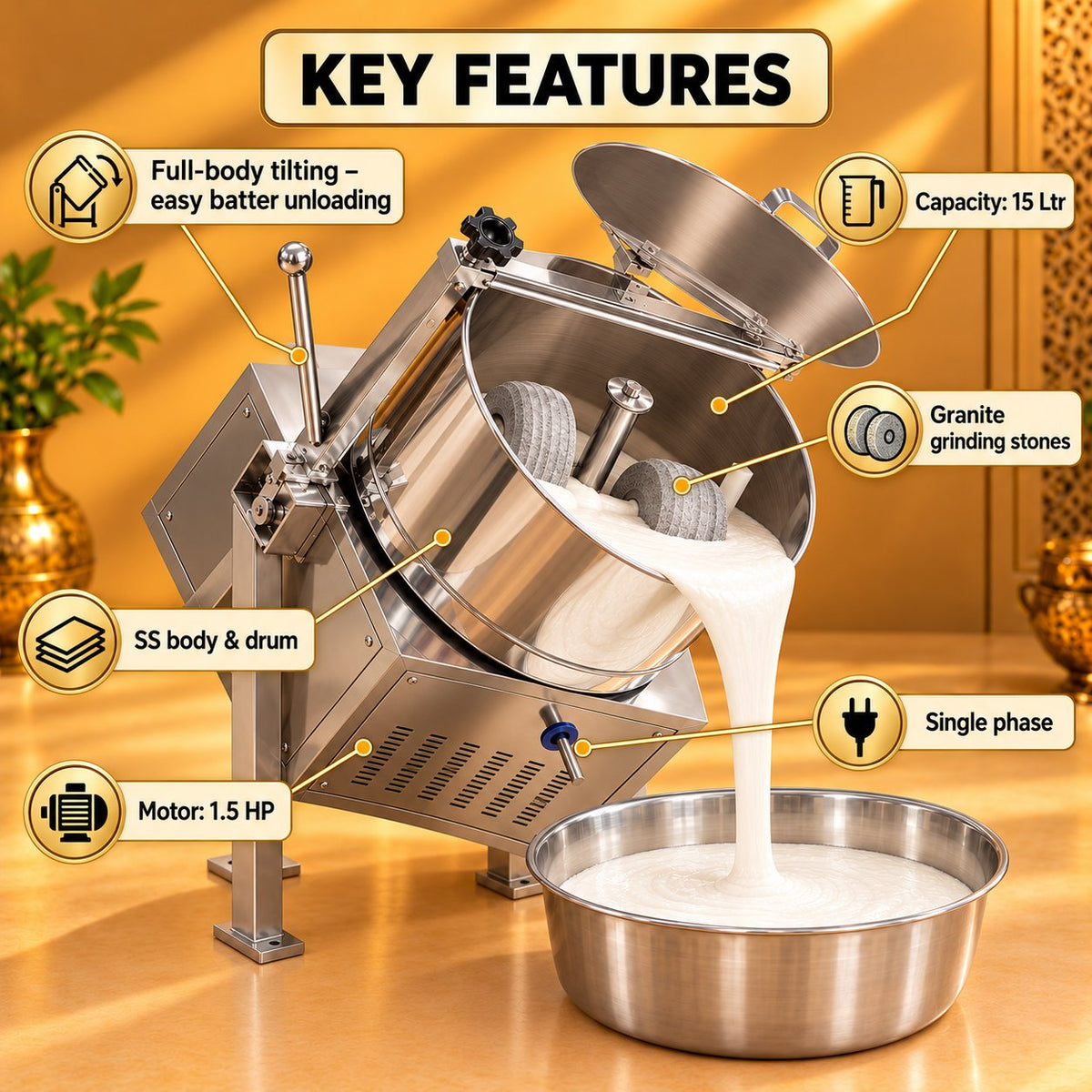 Gurubhai Equipments Tilting Wet Grinder 15 Ltr – Key Features