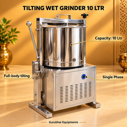 Gurubhai Equipments Tilting Wet Grinder 10 Ltr – Dimensions & Specifications