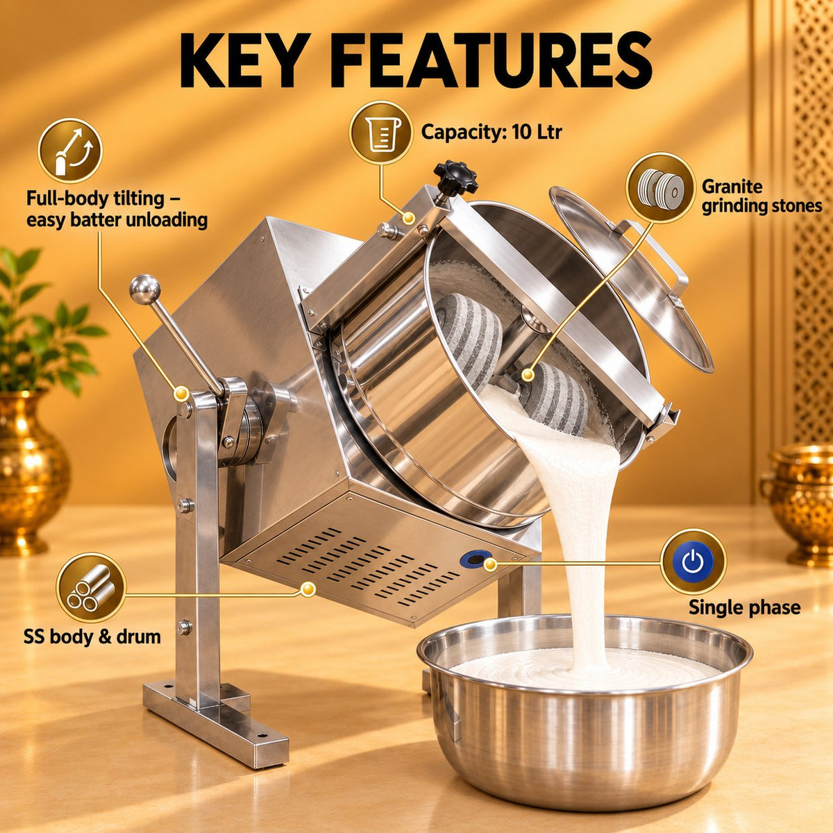 Gurubhai Equipments Tilting Wet Grinder 10 Ltr – Key Features