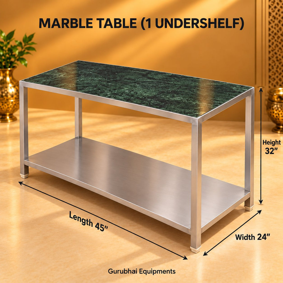 Gurubhai Equipments Marble Table (1 Undershelf) – Dimensions & Specifications