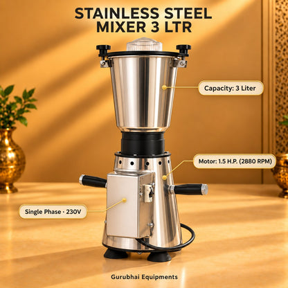 Gurubhai Equipments Stainless Steel Mixer 3 Ltr – Dimensions & Specifications