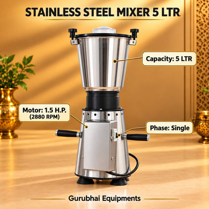 Gurubhai Equipments Stainless Steel Mixer 5 Ltr – Dimensions & Specifications