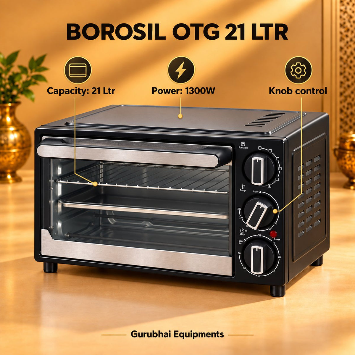 Gurubhai Equipments Borosil OTG 21 Ltr – Dimensions & Specifications