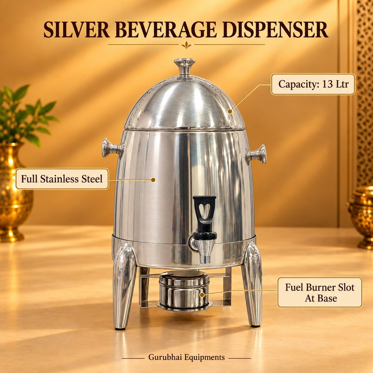 Gurubhai Equipments Silver Beverage Dispenser – Dimensions & Specifications