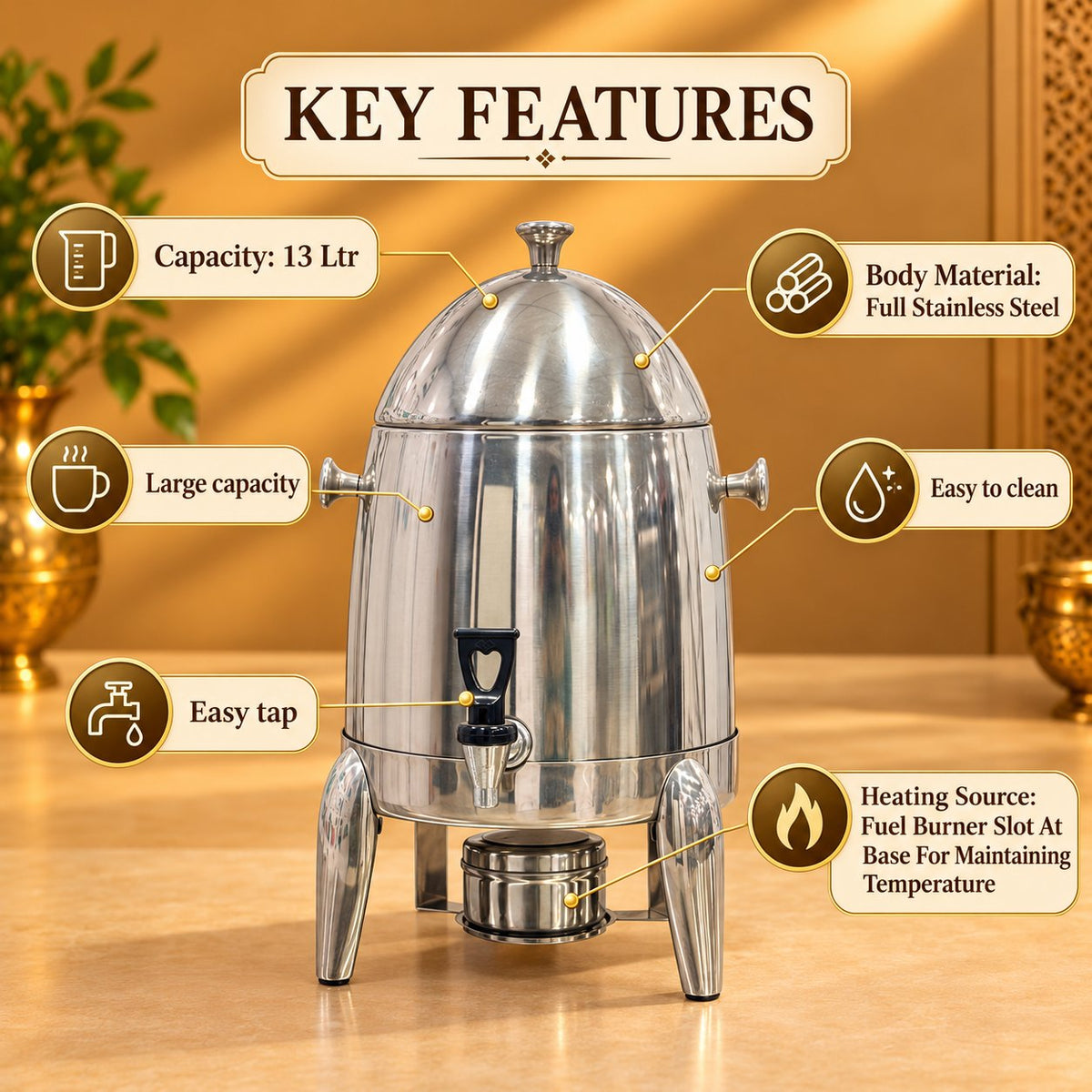 Gurubhai Equipments Silver Beverage Dispenser – Key Features