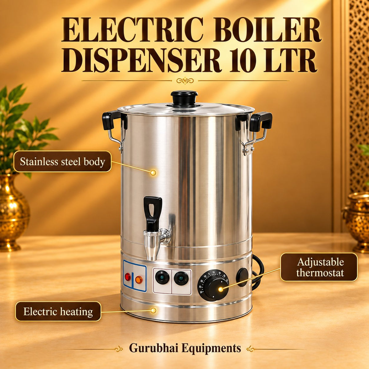 Gurubhai Equipments Electric Boiler Dispenser 10 Ltr – Dimensions & Specifications