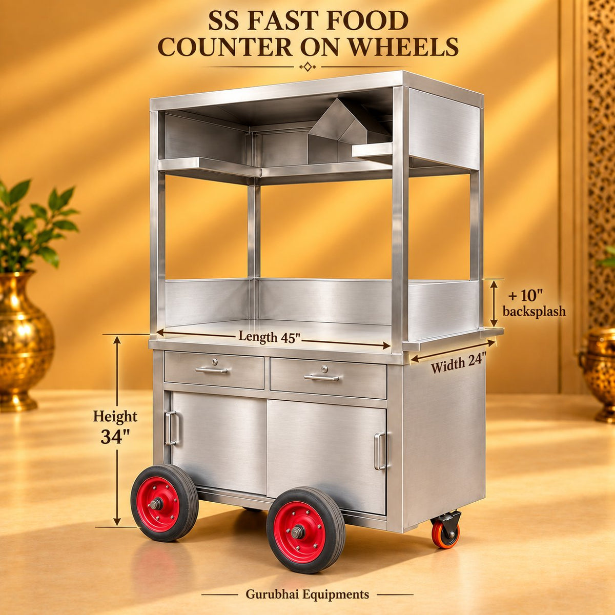 Gurubhai Equipments SS Fast Food Counter On Wheels – Dimensions & Specifications