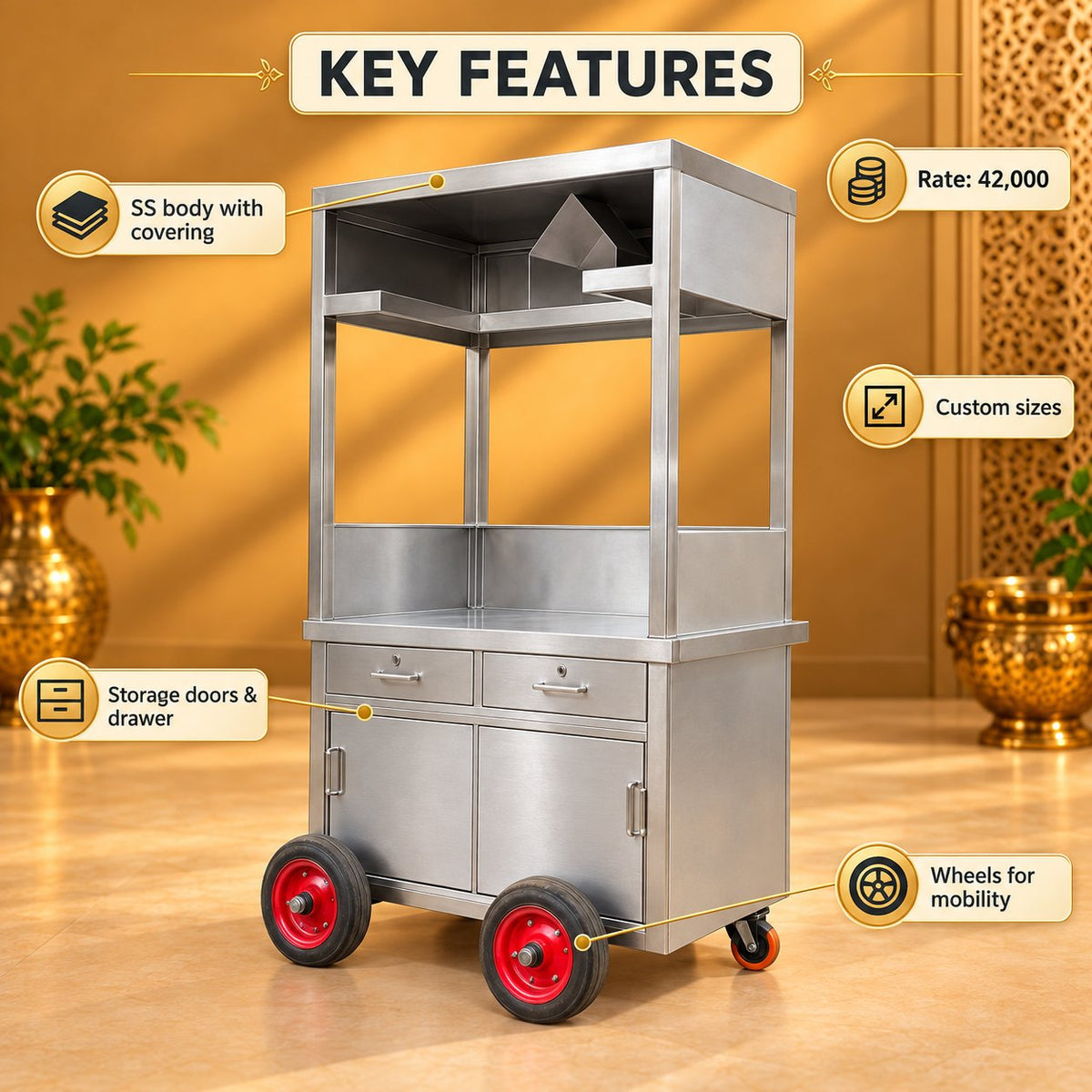 Gurubhai Equipments SS Fast Food Counter On Wheels – Key Features