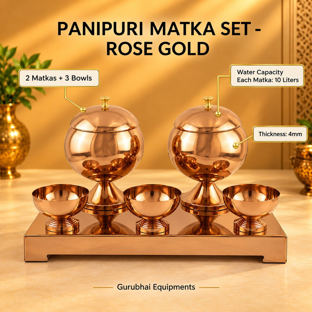 Gurubhai Equipments Panipuri Matka Set - Rose Gold – Dimensions & Specifications