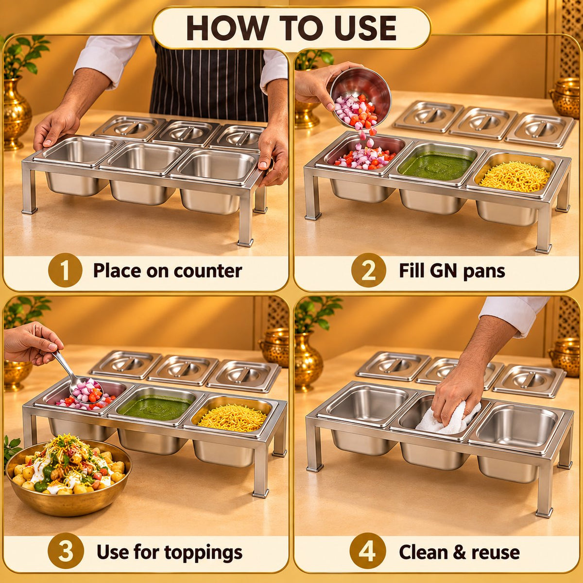 Gurubhai Equipments 3 GN Pans Stand – How to Use