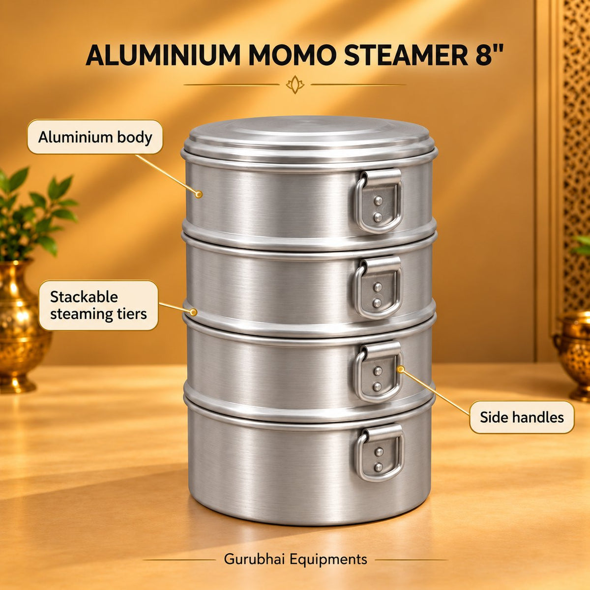 Gurubhai Equipments Aluminium Momo Steamer 8" – Dimensions & Specifications