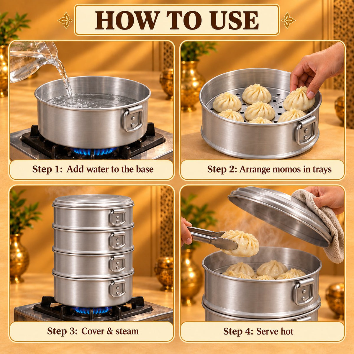 Gurubhai Equipments Aluminium Momo Steamer 8" – How to Use