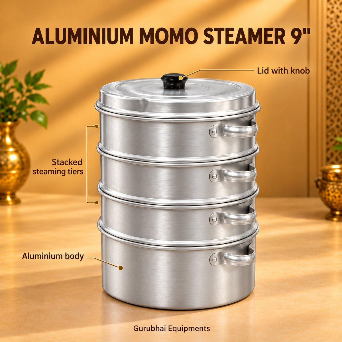 Gurubhai Equipments Aluminium Momo Steamer 9" – Dimensions & Specifications