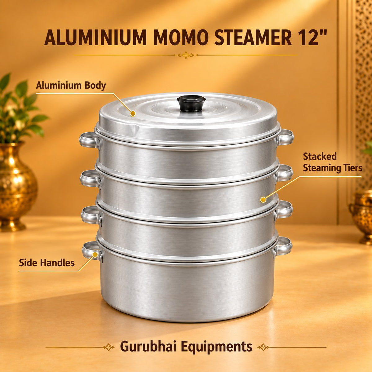 Gurubhai Equipments Aluminium Momo Steamer 12" – Dimensions & Specifications