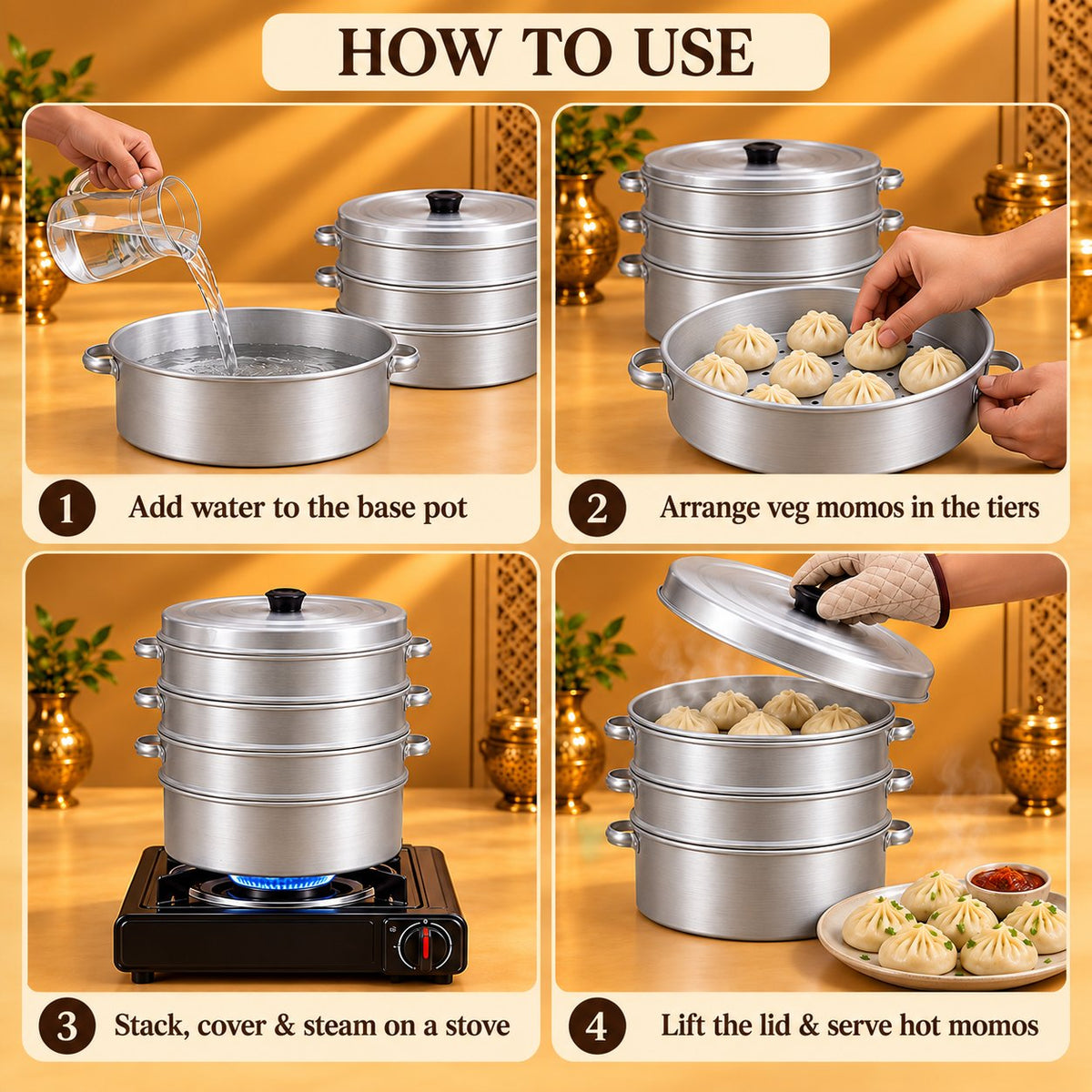 Gurubhai Equipments Aluminium Momo Steamer 12" – How to Use