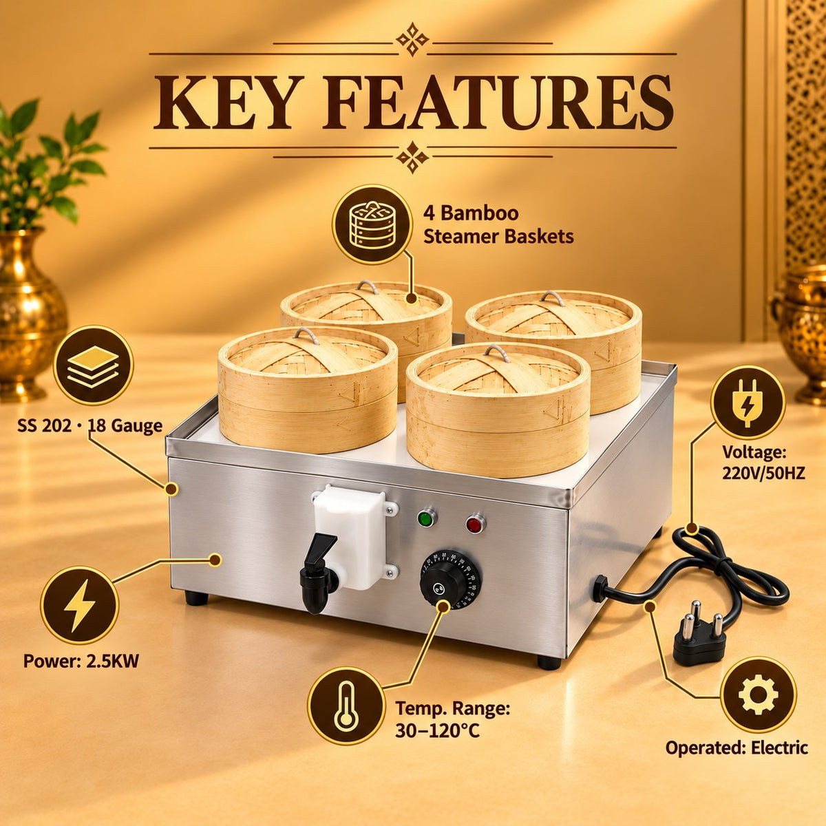 Gurubhai Equipments Electric Dim Sum Steamer – Key Features