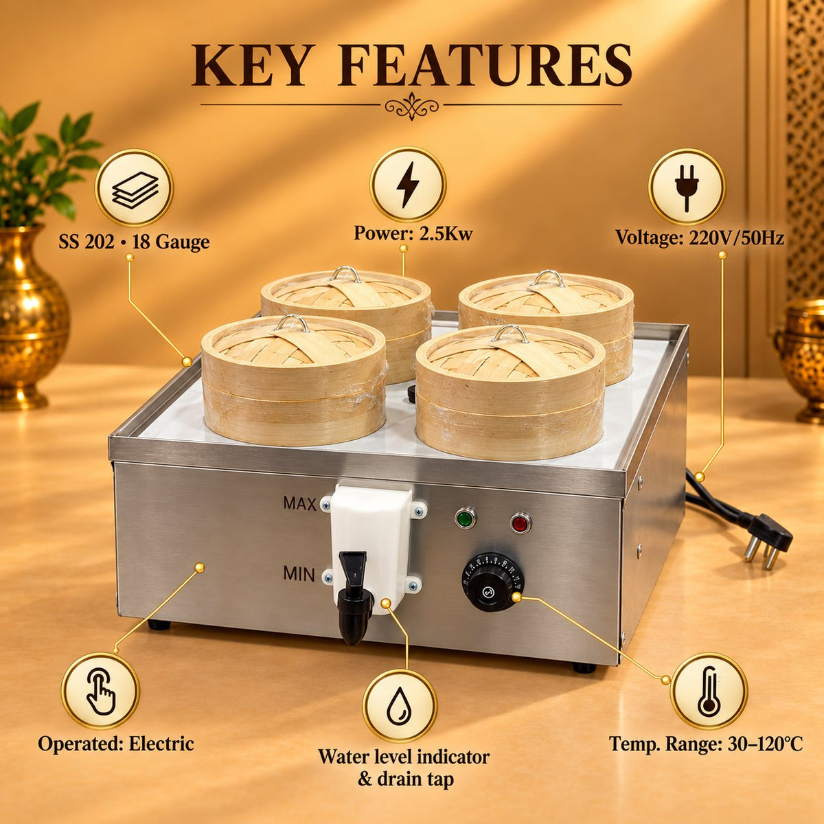 Gurubhai Equipments Electric Dim Sum Steamer – Key Features