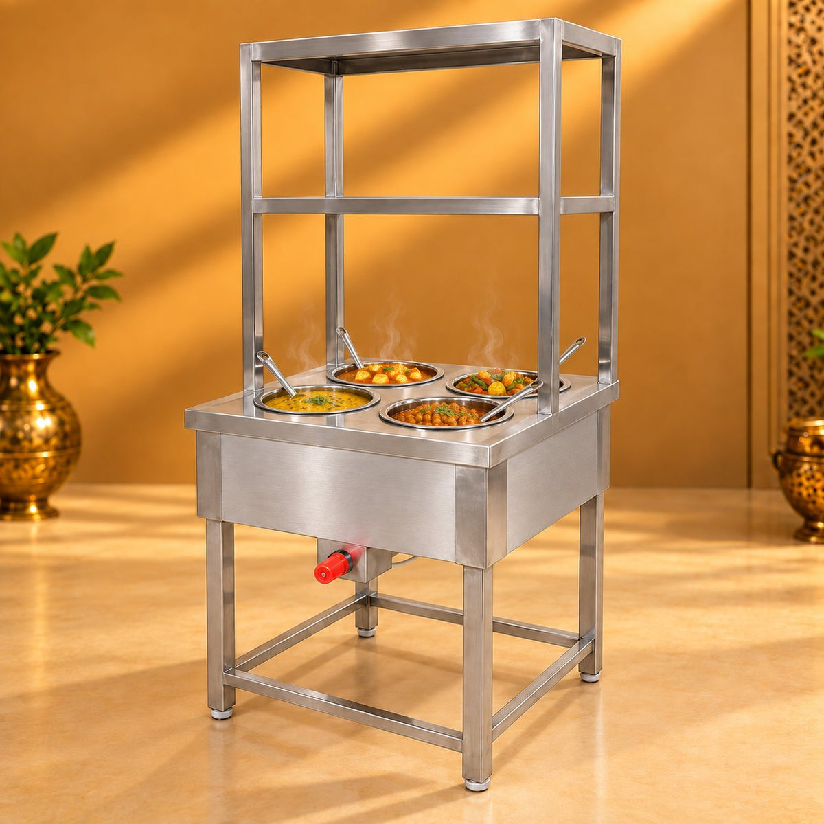 Gurubhai Equipments 4 Pot Bain Marie With Overshelves – In Use