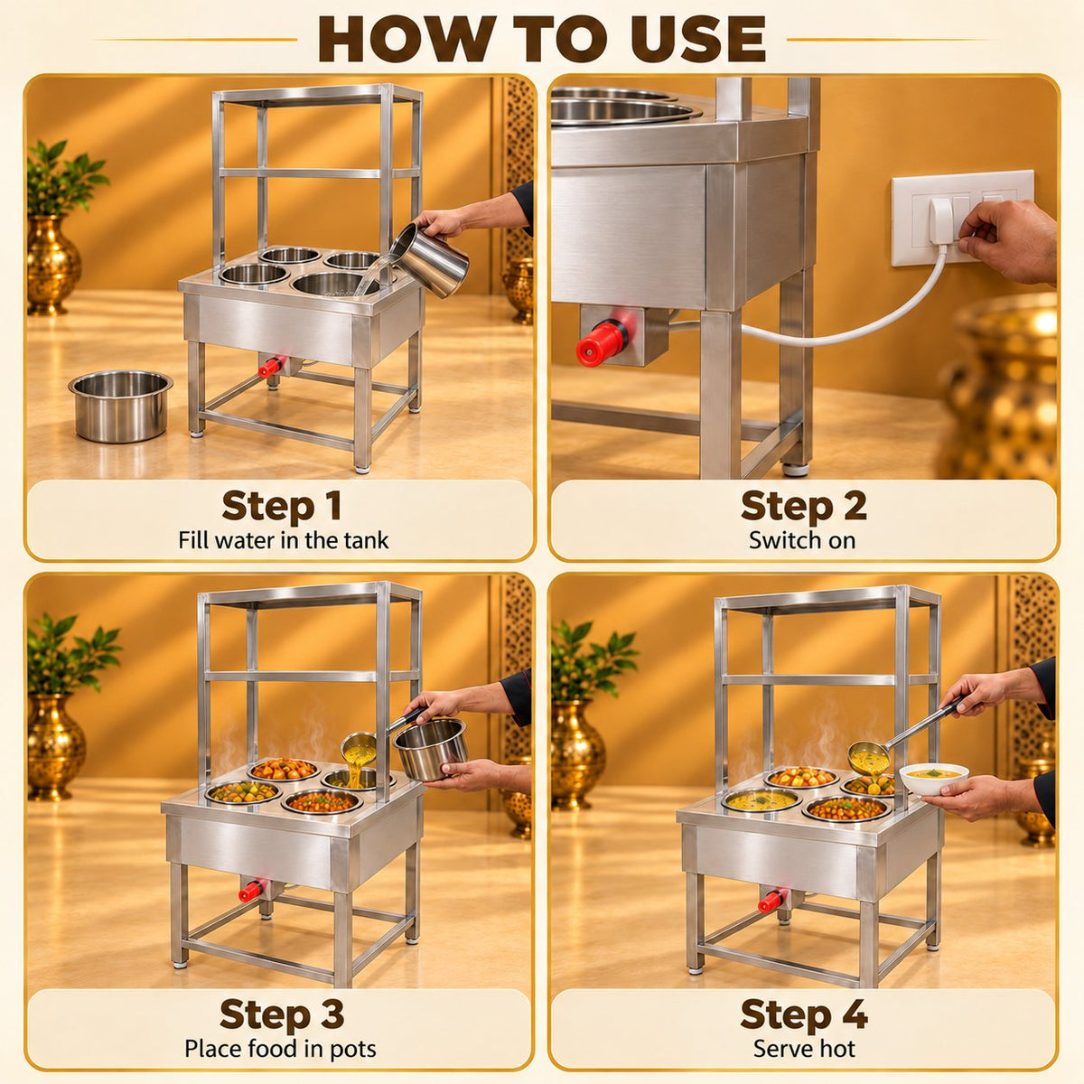 Gurubhai Equipments 4 Pot Bain Marie With Overshelves – How to Use