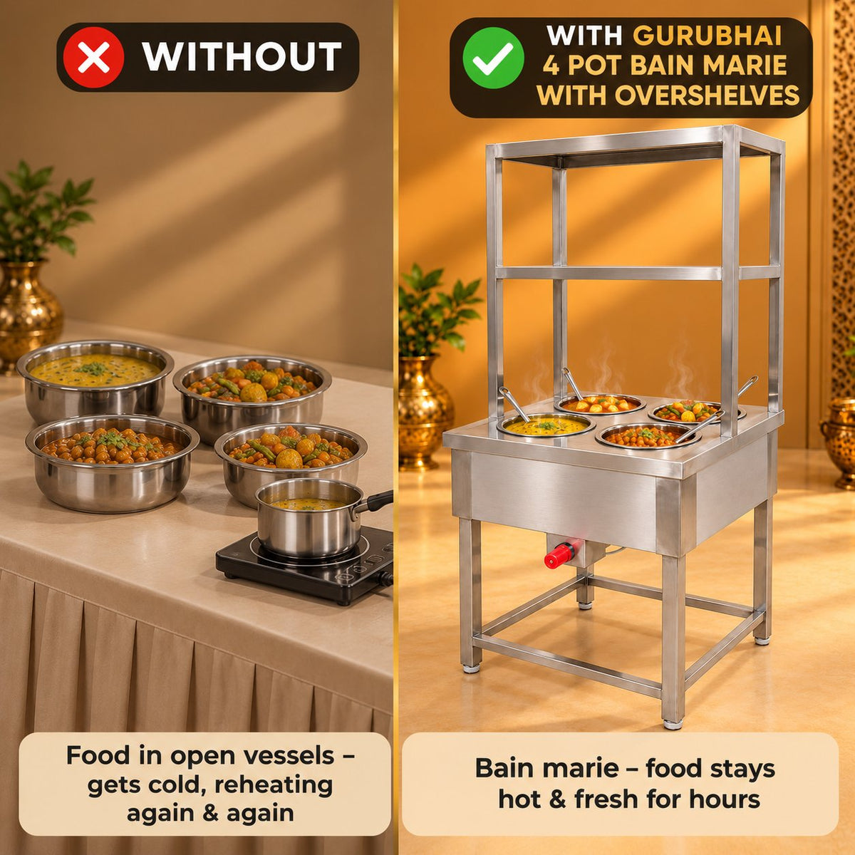 Gurubhai Equipments 4 Pot Bain Marie With Overshelves – Why Choose It