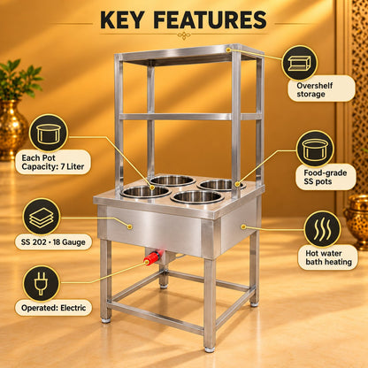 Gurubhai Equipments 4 Pot Bain Marie With Overshelves – Key Features