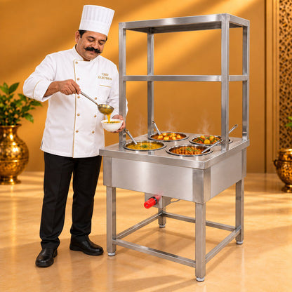 Gurubhai Equipments 4 Pot Bain Marie With Overshelves – Chef Gurubhai Demo