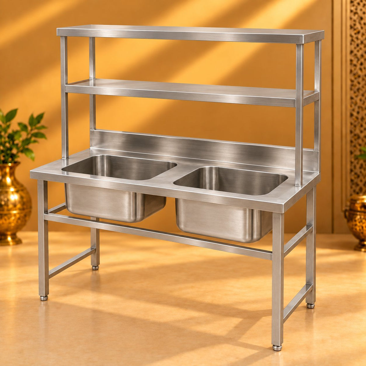 Gurubhai Equipments Double Sink With 2 Overshelves – Hero View