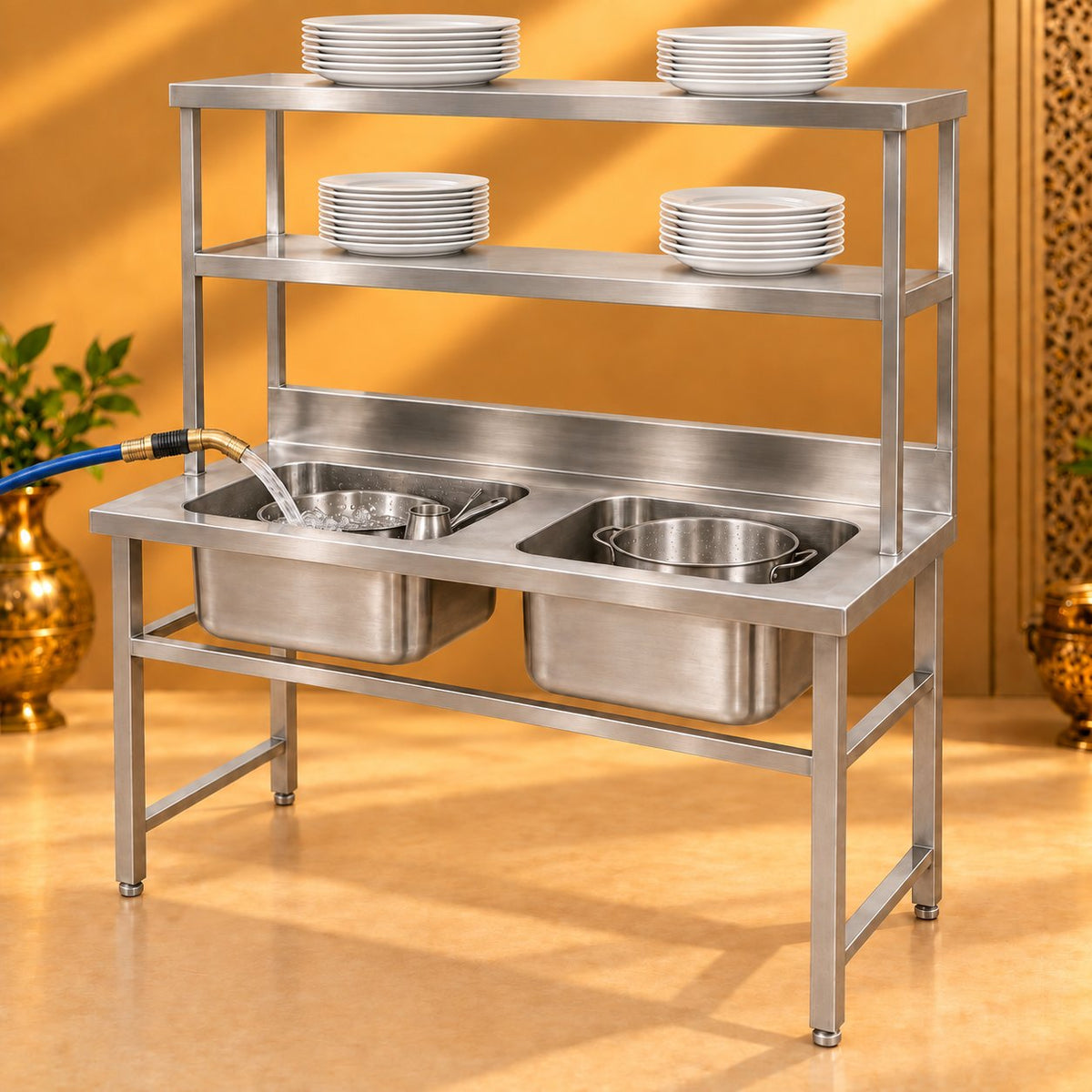 Gurubhai Equipments Double Sink With 2 Overshelves – In Use
