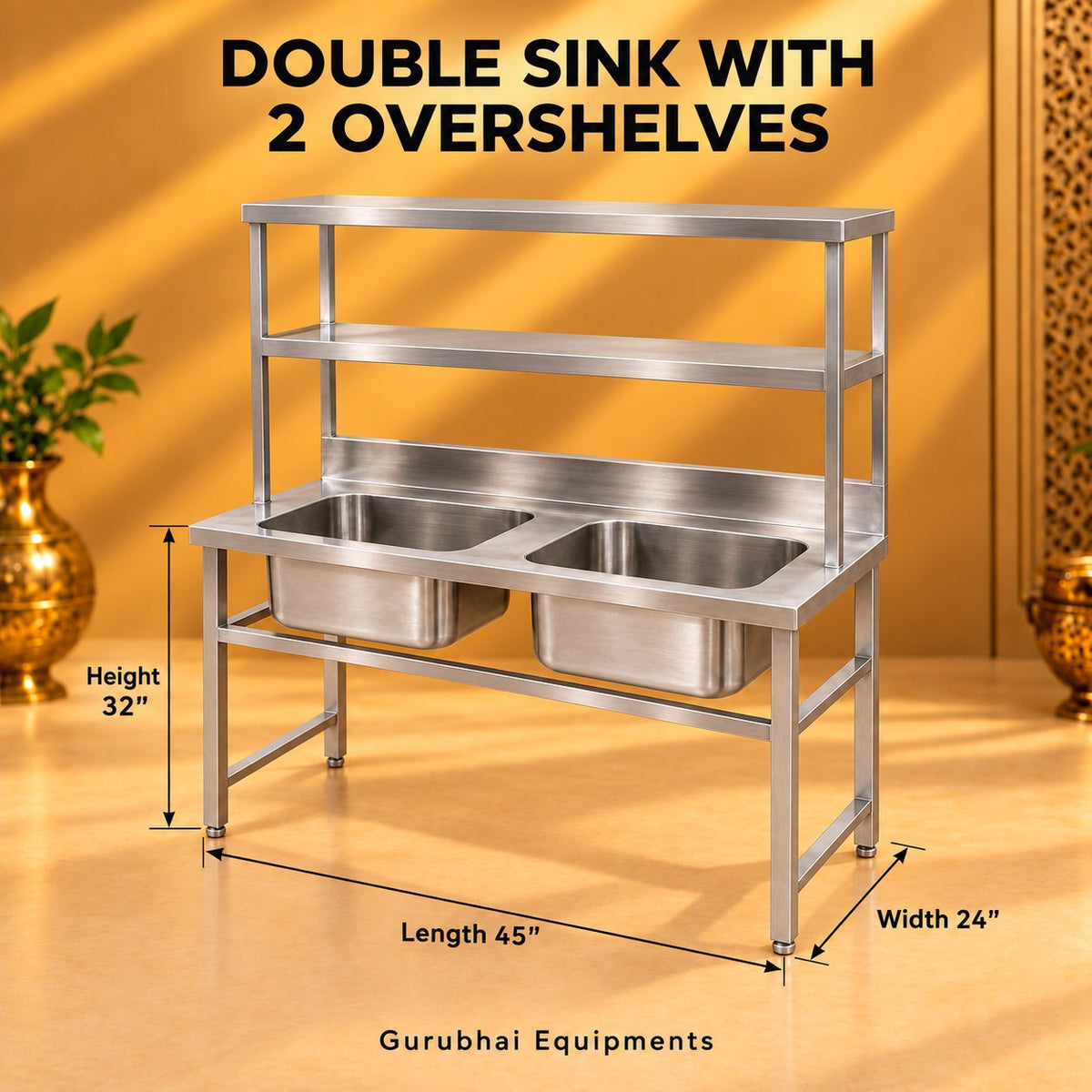 Gurubhai Equipments Double Sink With 2 Overshelves – Dimensions & Specifications