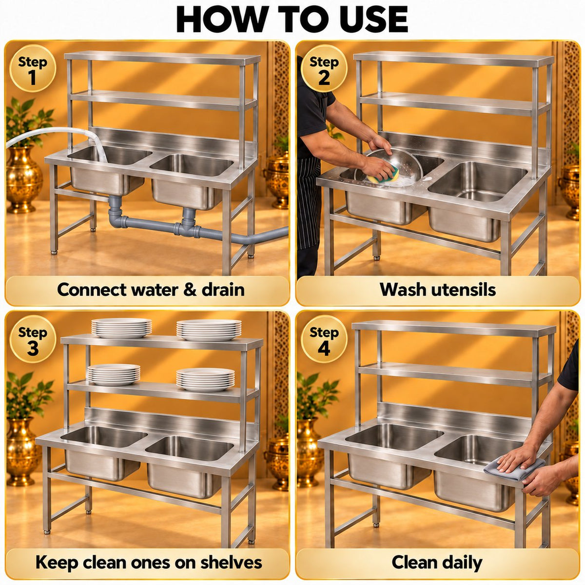 Gurubhai Equipments Double Sink With 2 Overshelves – How to Use