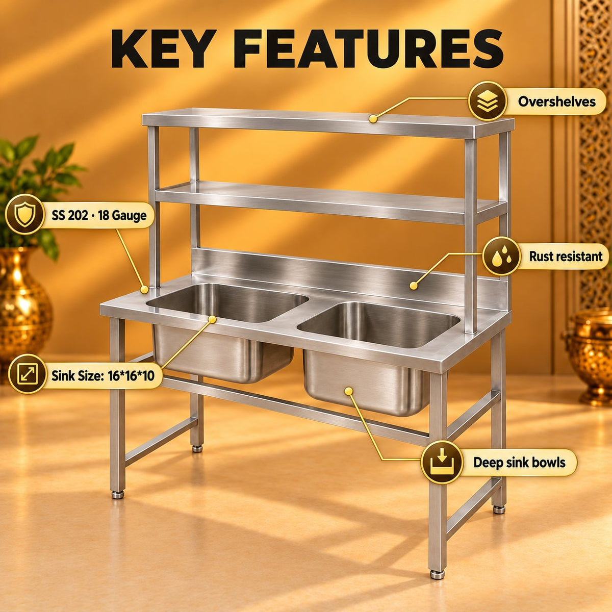Gurubhai Equipments Double Sink With 2 Overshelves – Key Features