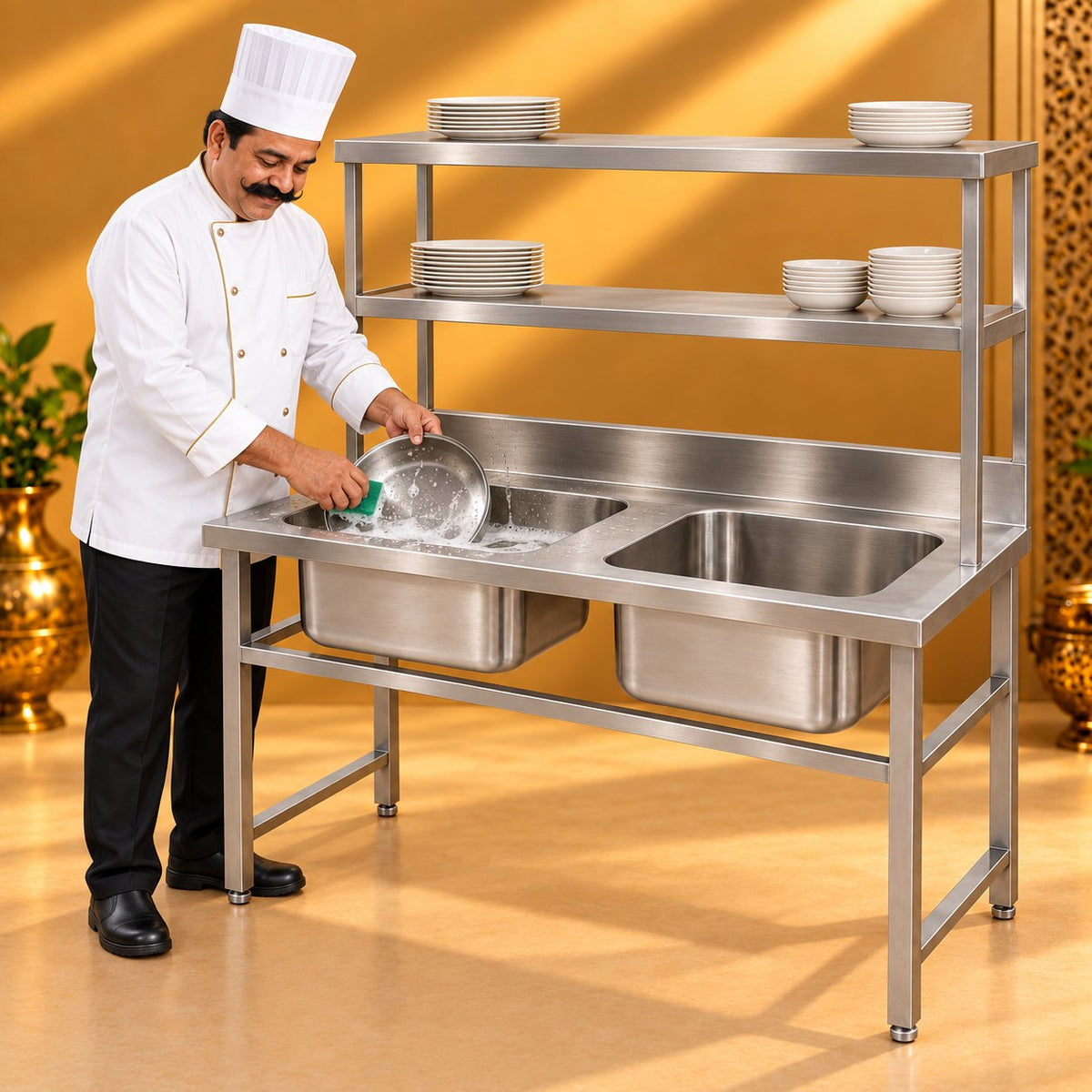 Gurubhai Equipments Double Sink With 2 Overshelves – Chef Gurubhai Demo