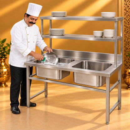 Gurubhai Equipments Double Sink With 2 Overshelves – Chef Gurubhai Demo