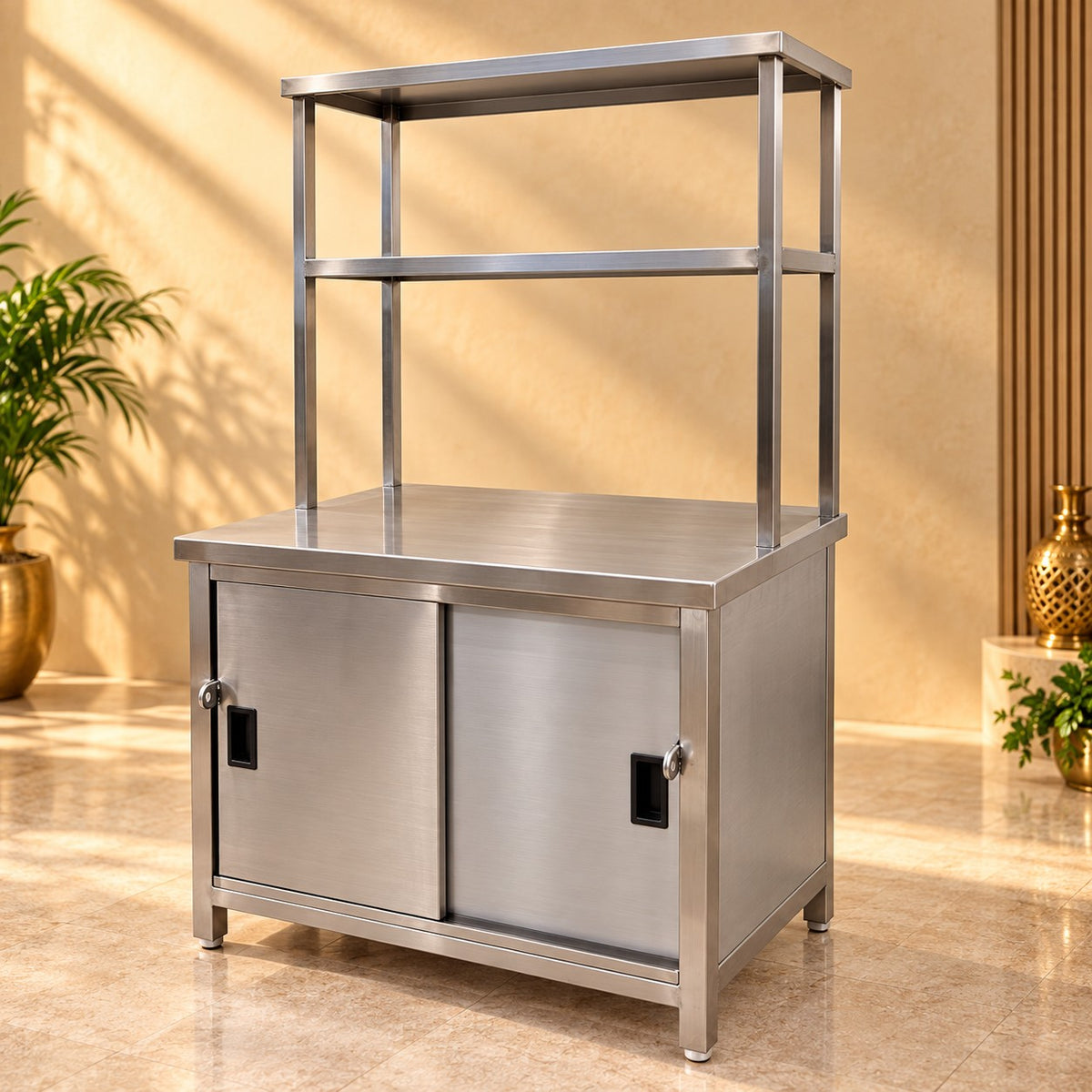 SS Pickup Counter with Sliding Doors – 36 × 24 × 32 + 18 + 12 in
