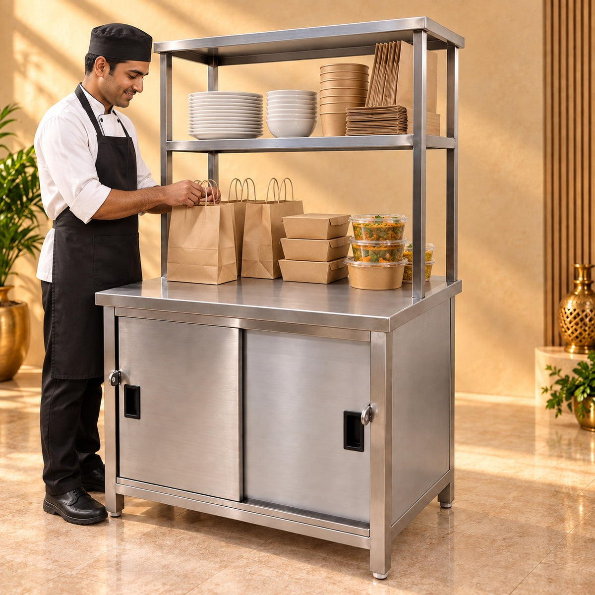 SS Pickup Counter with Sliding Doors – 36 × 24 × 32 + 18 + 12 in