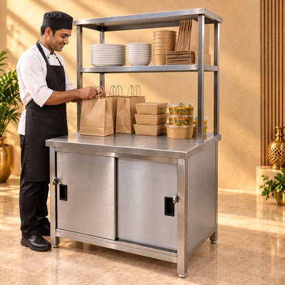 SS Pickup Counter with Sliding Doors – 36 × 24 × 32 + 18 + 12 in