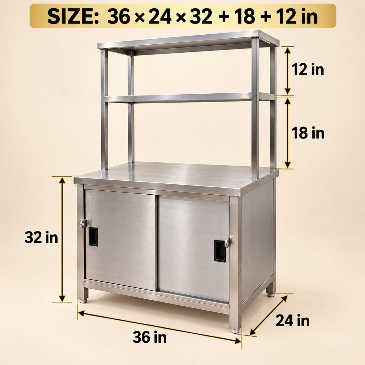 SS Pickup Counter with Sliding Doors – 36 × 24 × 32 + 18 + 12 in