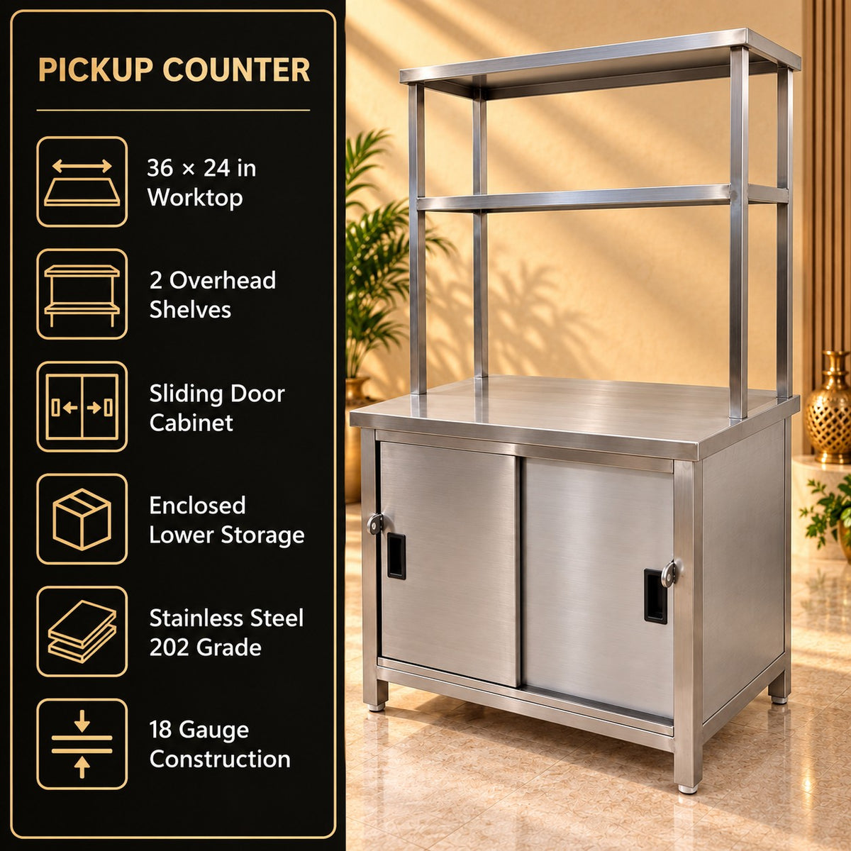 SS Pickup Counter with Sliding Doors – 36 × 24 × 32 + 18 + 12 in