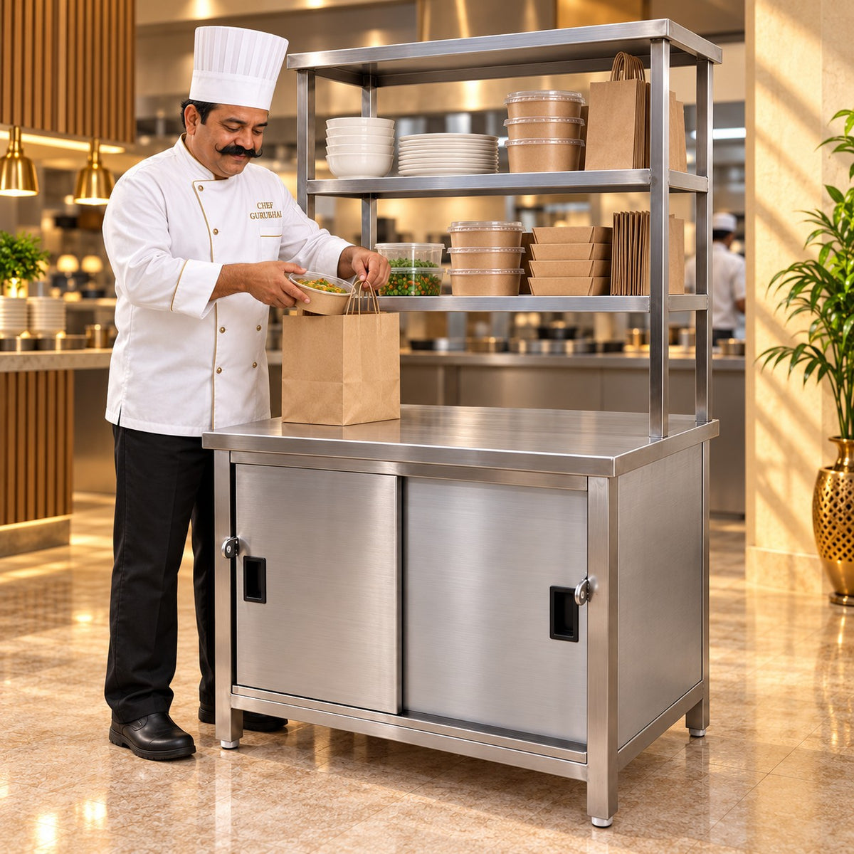 SS Pickup Counter with Sliding Doors – 36 × 24 × 32 + 18 + 12 in