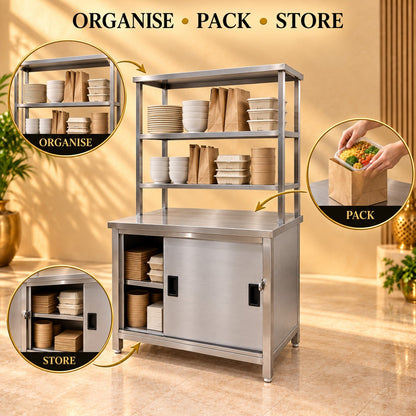 SS Pickup Counter with Sliding Doors – 36 × 24 × 32 + 18 + 12 in