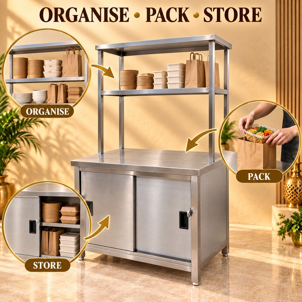 SS Pickup Counter with Sliding Doors – 36 × 24 × 32 + 18 + 12 in