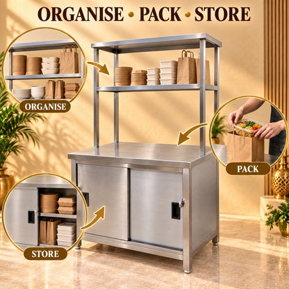 SS Pickup Counter with Sliding Doors – 36 × 24 × 32 + 18 + 12 in
