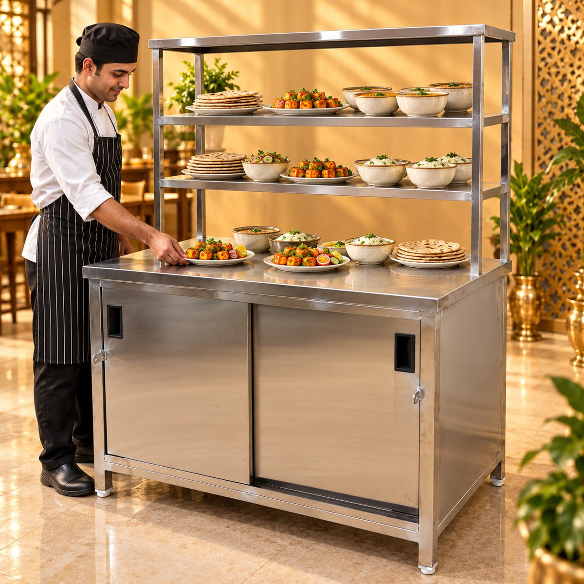 SS Pickup Counter with Sliding Doors – 45 × 30 × 32 + 18 + 12 in