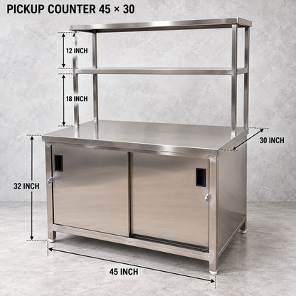 SS Pickup Counter with Sliding Doors – 45 × 30 × 32 + 18 + 12 in